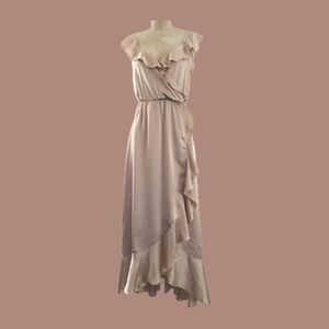 Show Me Your Mumu Neutral Beige Satin Sleeveless Ruffle Wrap Midi Dress S